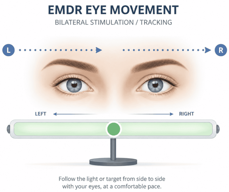Illustration of a pair of eyes looking forward with horizontal tracking arrows, positioned above a physical EMDR light bar showing a green target moving left to right.