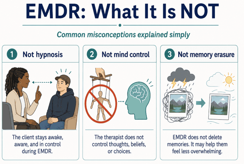An illustrated guide debunking three EMDR myths: showing it is not hypnosis because the client stays awake, not mind control, and not memory erasure.