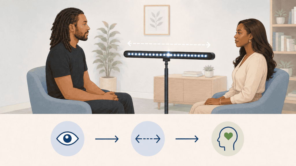 Illustration of a male client with dreadlocks and a female therapist sitting across from one another in an office, with an active blue LED EMDR light bar placed between them.