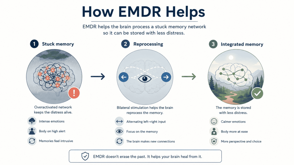 A 3-step diagram explaining how EMDR helps process a stuck memory network, showing an overactivated neural network, the reprocessing step using eye movements, and a smoothly integrated neural network.