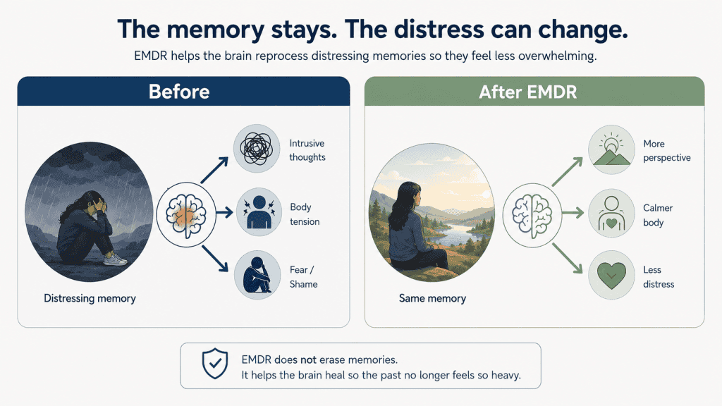 A side-by-side comparison infographic titled 'The memory stays. The distress can change.' showing a distressed person under a raincloud on the left, and the same person sitting peacefully by a lake on the right after EMDR therapy. These are reasons to try EMDR therapy.