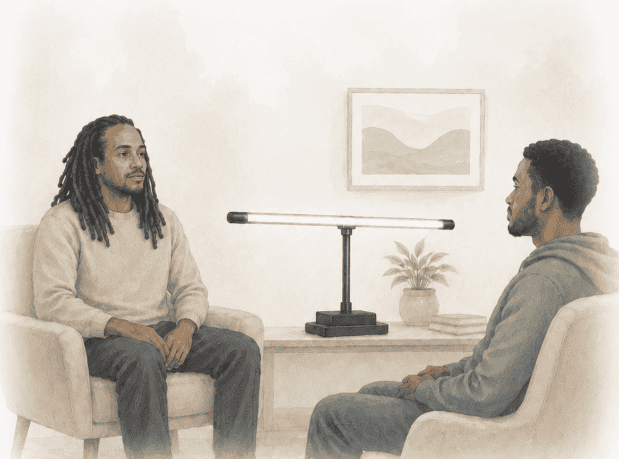 Digital watercolor illustration of a therapist and male client during an EMDR session, facing each other with an illuminated horizontal bilateral stimulation light bar positioned between them.