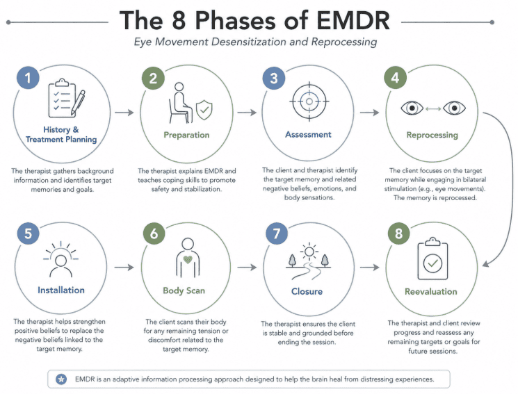 Infographic displaying the 8 phases of EMDR therapy in a numbered flow, from history-taking to reevaluation, with icons and brief descriptions for each step.